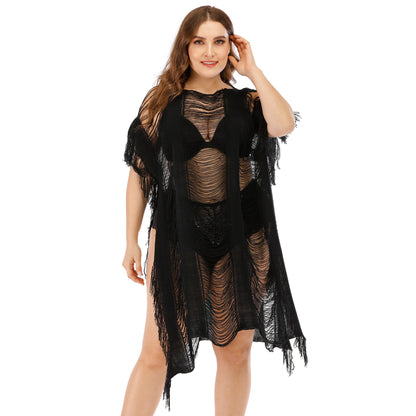 Plus Size Women Clothing Sexy Hollow Out Cutout Split Irregular Asymmetric Beach Bikini Cover-up Dress