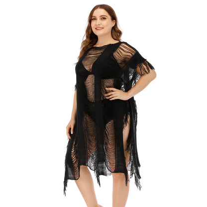 Plus Size Women Clothing Sexy Hollow Out Cutout Split Irregular Asymmetric Beach Bikini Cover-up Dress